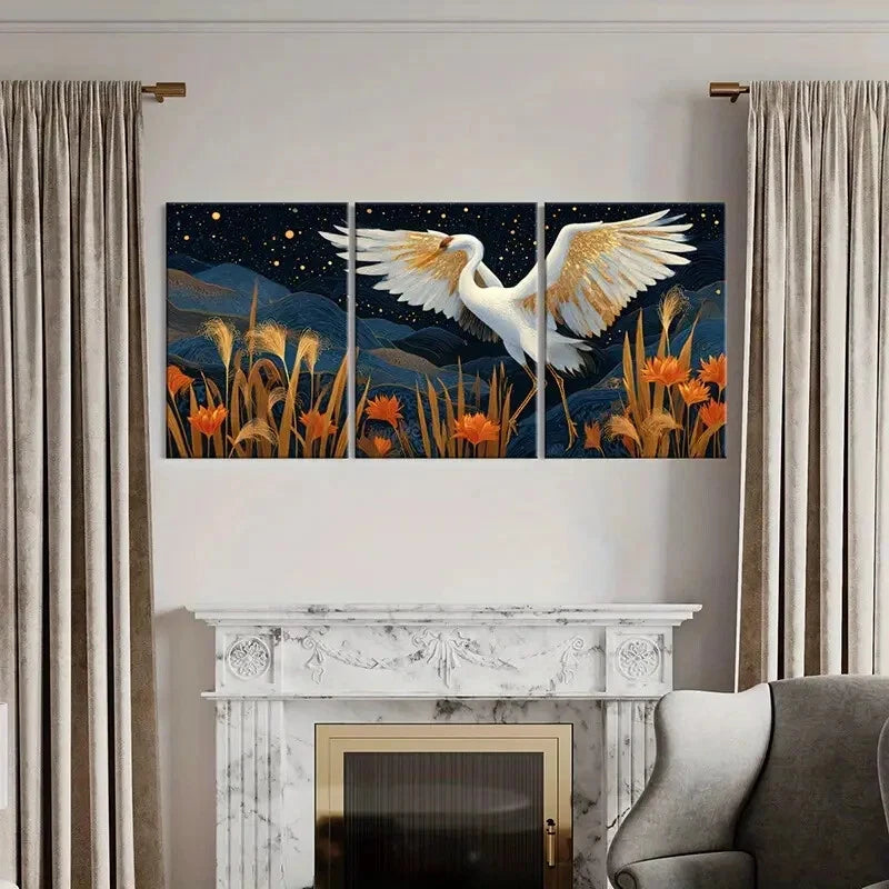 3pcs Elegant Crane Starry Night Golden Wings Metal Print Ready to Hang Art - Bella Home Decor