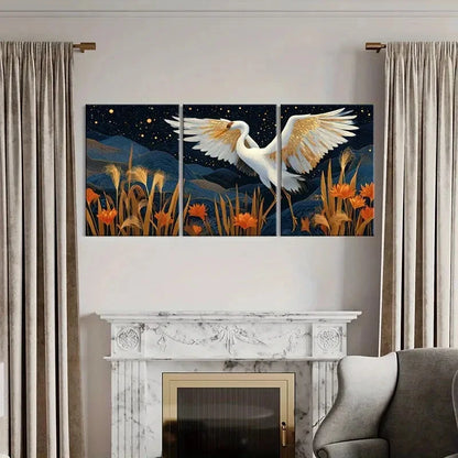 3pcs Elegant Crane Starry Night Golden Wings Metal Print Ready to Hang Art - Bella Home Decor