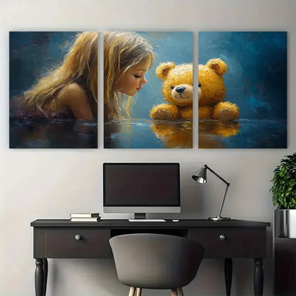 3pcs Girl Abstract Bear Toy Impasto Design Metal Print Ready to Hang Art - Bella Home Decor