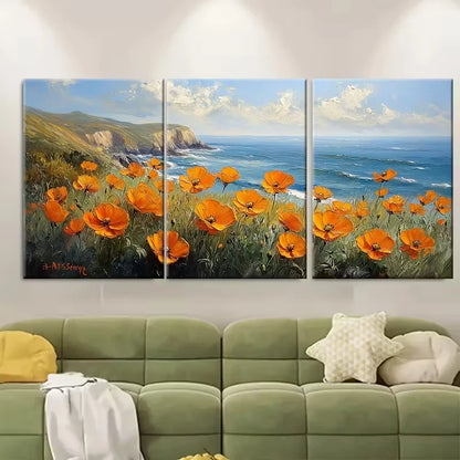 3pcs Painting of California Poppies in a Seascape Metal Print Ready to Hang Art