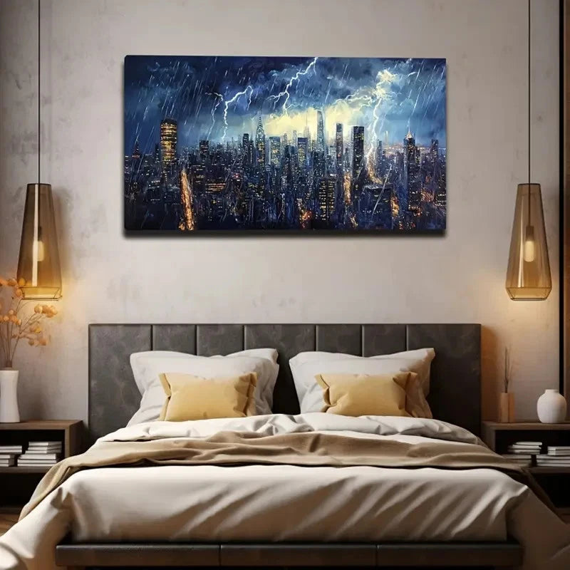 Lightning Storm Rainy Cityscape Wall Art Canvas Office Home Room Framed 120x60cm