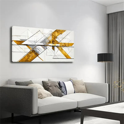 Golden & White Lines Decor Wall Art Canvas Office Home Room Framed 120x60cm - Bella Home Decor