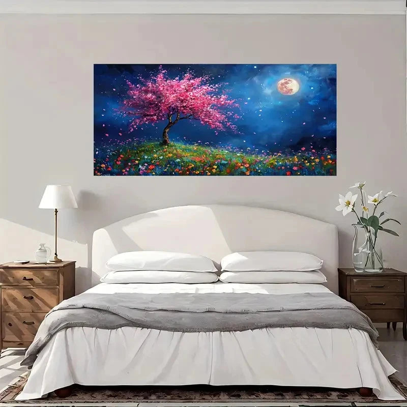 Moon Floral Tree Night Wall Art Canvas Office Home Room Framed 120x60cm