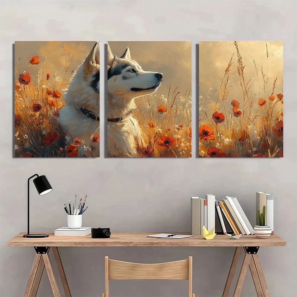 3pcs Husky Dog in Flower Field Wildflower Metal Print Ready to Hang Art - Bella Home Decor