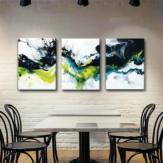 3pcs Abstract Fluid Black White Green Perfect Wall Art Set Canvas Framed 50x70cm - High Quality Print 100% Australian Made Wall Canvas Ready to Hang