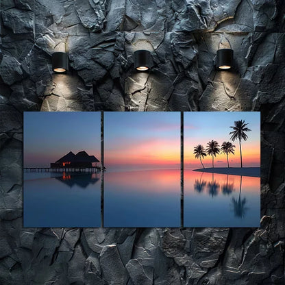 3pcs Maldives Resort Sunset with Palm Reflection Wall Art Set Canvas Framed 60x90cm - High Quality Print 100% Australian Made Wall Canvas Ready to Hang