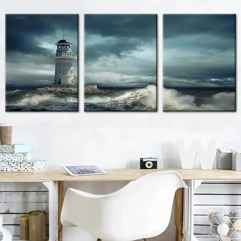 3pcs Ocean Lighthouse Triptych Waves Perfect Wall Art Set Canvas Framed 60x90cm - High Quality Print 100% Australian Made Wall Canvas Ready to Hang - Bella Home Decor