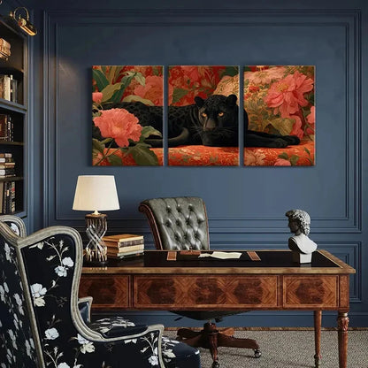 3pcs Black Panther Floral Background Luxurious Metal Print Ready to Hang Art - Bella Home Decor