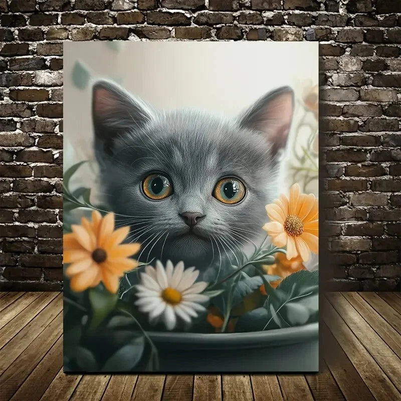 Adorable Russian Blue Kitten with Yellow Painting 40x60cm Metal Print Ready to Hang - Bella Home Decor