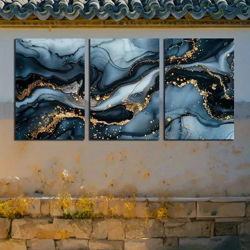 3pcs Elegant Wave Abstract with Gold Accent Design Metal Print Ready to Hang Art - Bella Home Decor