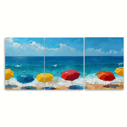 3pcs Beach Umbrella Ocean. Colorful Coastal Metal Print Ready to Hang Art - Bella Home Decor