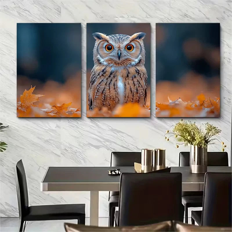 3pcs Cute Owl in Autumn Leaves Metal Print Ready to Hang Art - Bella Home Decor