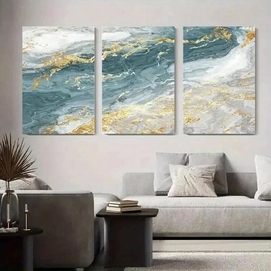 3pcs Abstract Marble Blue & Golden Swirls Wall Art Set Canvas Framed 40x60cm - High Quality Print 100% Australian Made Wall Canvas Ready to Hang
