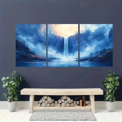 3pcs Vibrant Blue & Golden Sunset Landscape Metal Print Ready to Hang Art - Bella Home Decor