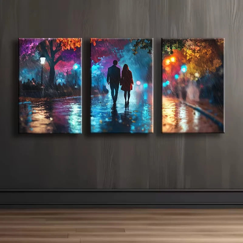 3pcs Lovers taking a walk in Vibrant Street Wall Art Set Canvas Framed 50x70cm - High Quality Print 100% Australian Made Wall Canvas Ready to Hang