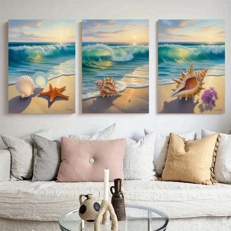 3pcs Seashells, Starfish, Ocean Waves    Wall Art Set Canvas Framed 40x60cm - High Quality Print 100% Australian Made Wall Canvas Ready to Hang