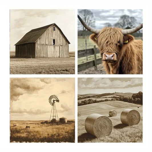 4pcs Rustic Windmills Hay Field Art Prints Wall Art Canvas Framed