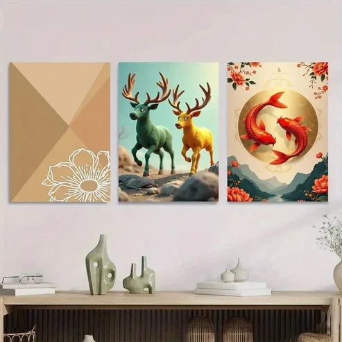 3pcs Chic Traditional Deer & Koi Fish Nature Wall Art Set Canvas Unframed - High Quality Print 100% Australian Made Wall Canvas - Bella Home Decor