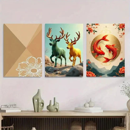 3pcs Chic Traditional Deer & Koi Fish Nature Wall Art Set Canvas Unframed - High Quality Print 100% Australian Made Wall Canvas - Bella Home Decor