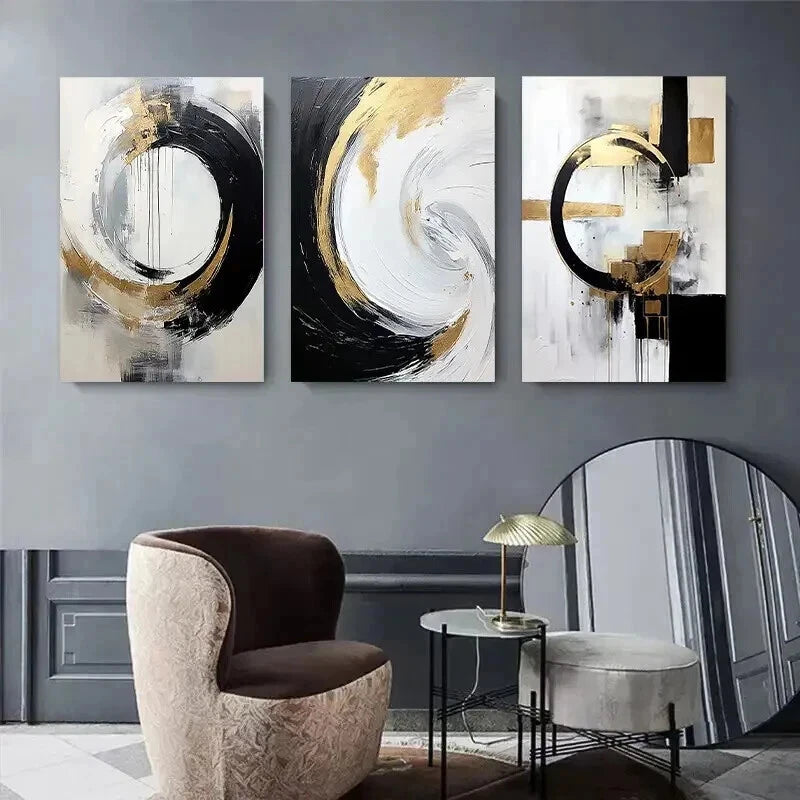 3pcs Abstract Geometric Circle Golden Perfect Wall Art Set Canvas Framed 60x90cm - High Quality Print 100% Australian Made Wall Canvas Ready to Hang - Bella Home Decor