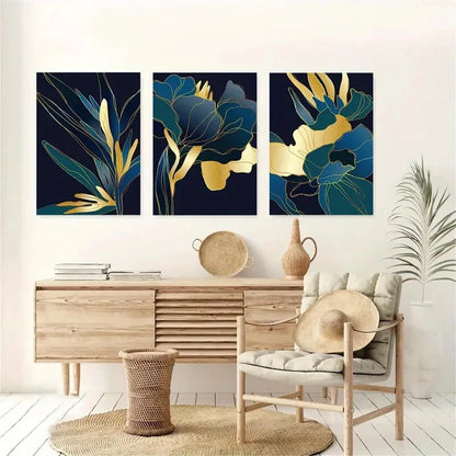 3pcs Teal Gold Modern Botanical Metal Print Ready to Hang Art