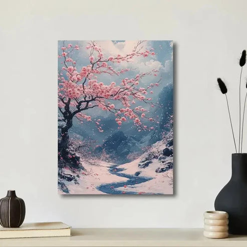 Beautiful Pink Sakuras Japanese Painting  60x90cm Metal Print Ready to Hang