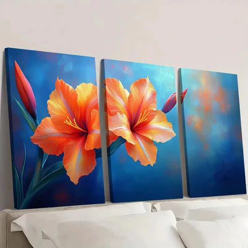3pcs BoVibrant Orange & Blue Floral Wall Art Set Canvas Unframed - High Quality Print 100% Australian Made Wall Canvas - Bella Home Decor