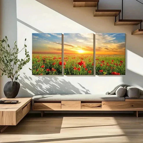 3pcs Flower Field Sunset Natural Wall Art Canvas Unframed - High Quality Print 100% Australian Made Wall Canvas - Bella Home Decor