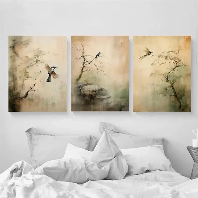 3pcs Serene Trees & Birds Green Mountain Metal Print Ready to Hang Art - Bella Home Decor