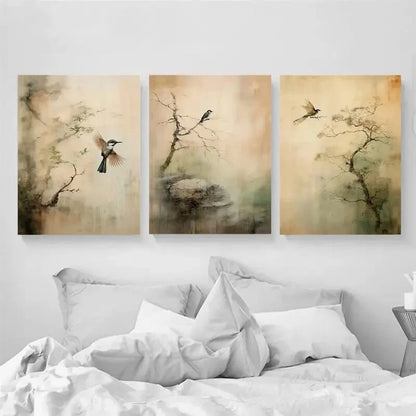 3pcs Serene Trees & Birds Green Mountain Metal Print Ready to Hang Art - Bella Home Decor
