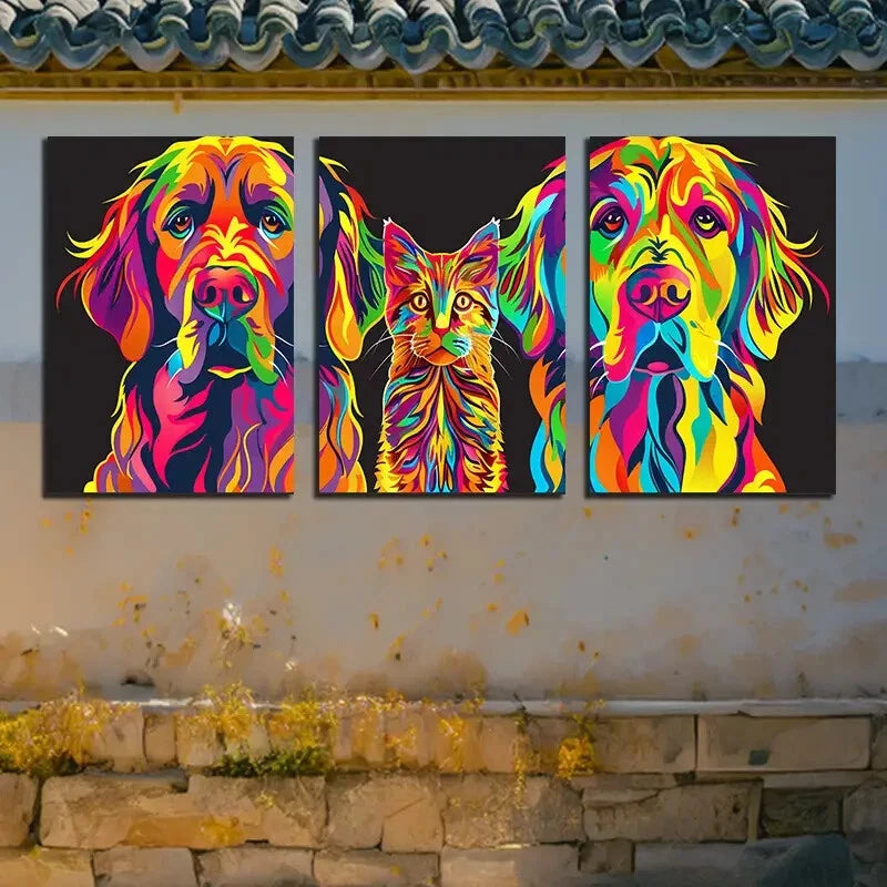 3pcs Colorful Charming Cat & Labrador Dog Metal Print Ready to Hang Art - Bella Home Decor