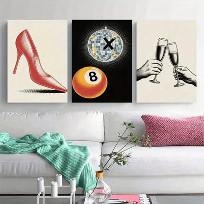 3pcs High Heels, Disco Ball, 8 Ball   Wall Art Set Canvas Framed 40x60cm - High Quality Print 100% Australian Made Wall Canvas Ready to Hang - Bella Home Decor