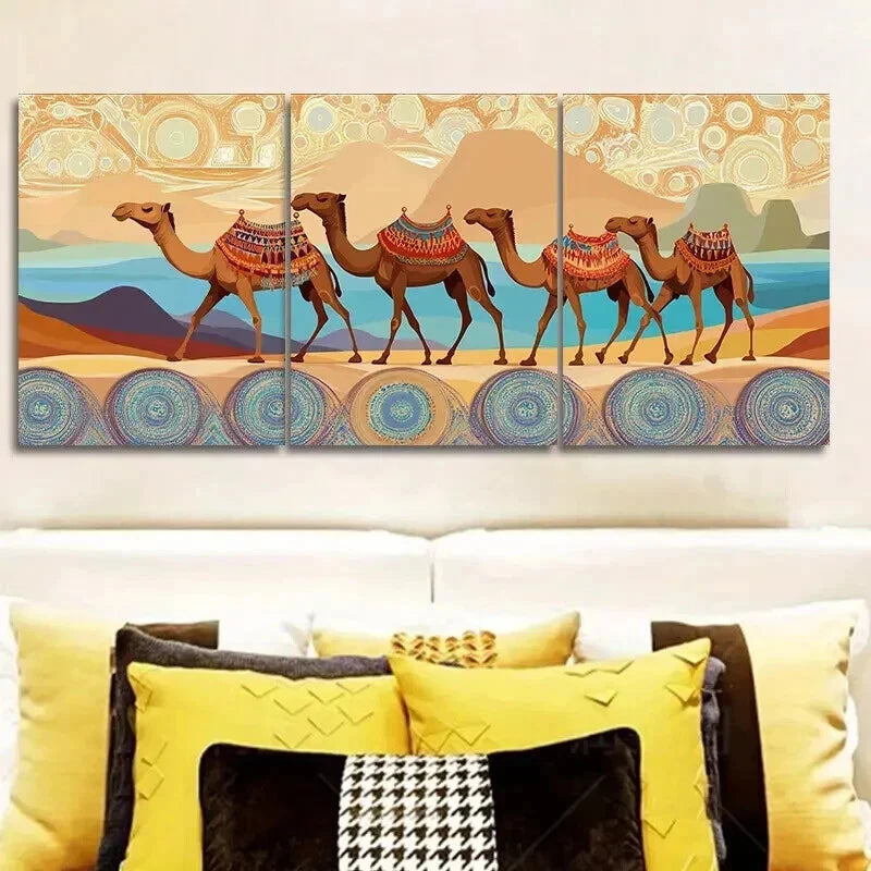 3pcs Decor with Camels, Dunes & Sunset Wall Art Set Canvas Framed 50x70cm - High Quality Print 100% Australian Made Wall Canvas Ready to Hang