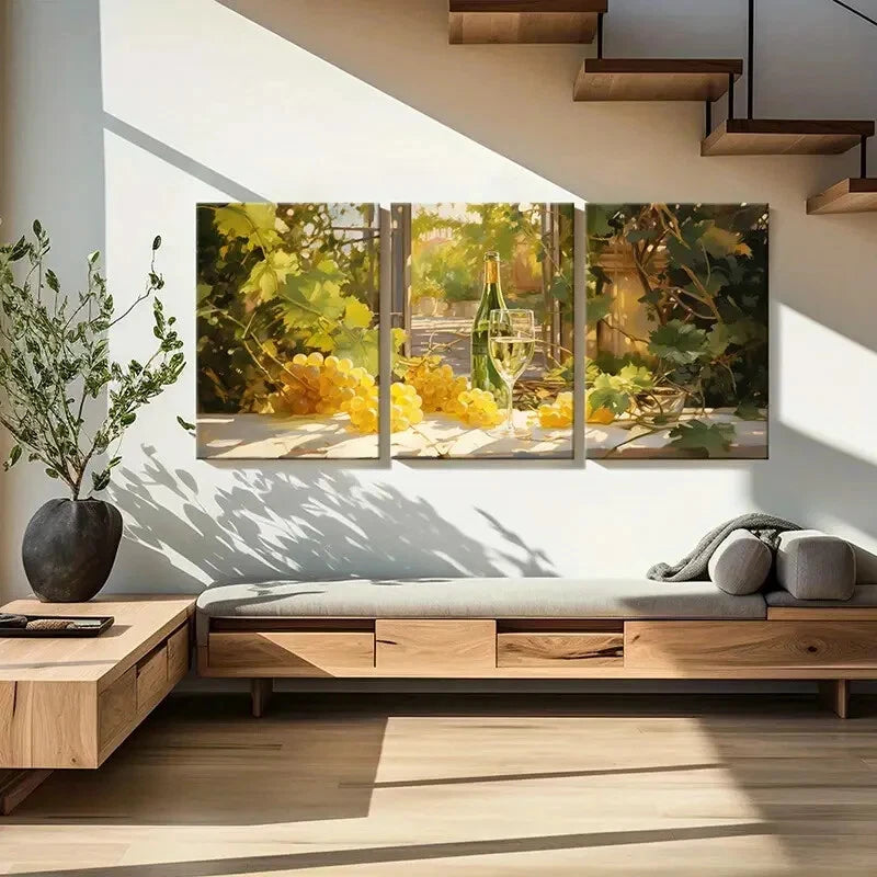 3pcs Vintage Wine & Grape Vineyard Sunlit Scene Metal Print Ready to Hang Art - Bella Home Decor