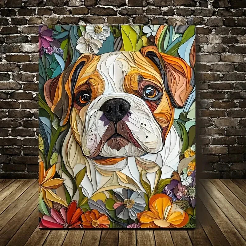 Cute Bulldog with Flowers & Plants Painting 40x60cm Metal Print Ready to Hang - Bella Home Decor