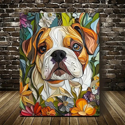 Cute Bulldog with Flowers & Plants Painting 40x60cm Metal Print Ready to Hang - Bella Home Decor