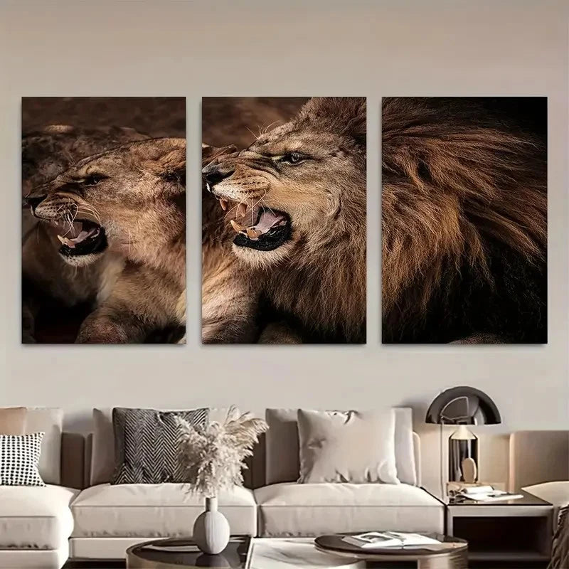 3pcs Roaring Lion Couple in Triptych Panels Metal Print Ready to Hang Art