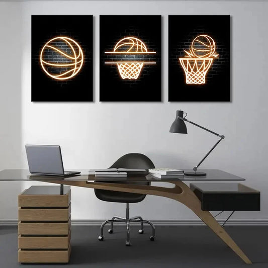 3pcs Creative Basketball Art Neon Painting Metal Print Ready to Hang Art
