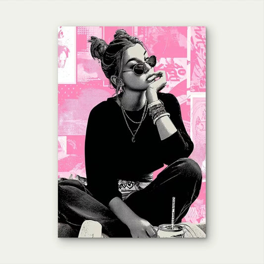 Girl with Black & Pink Chic Outfit  60x90cm Metal Print Ready to Hang