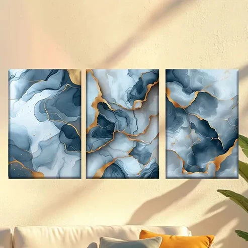 3pcs Abstract blue and Golden marble Wall Art Set Canvas Unframed - High Quality Print 100% Australian Made Wall Canvas - Bella Home Decor