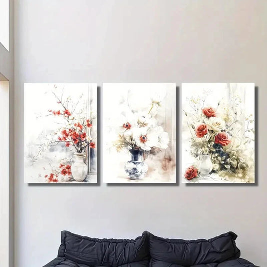 3pcs plant and flower illustration in vase, Metal Print Ready to Hang Art
