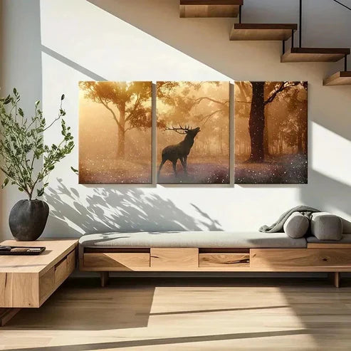 3pcs Sunlight Shining Into The Forest & Elk Wall Art Wall Art Canvas Unframed - High Quality Print 100% Australian Made Wall Canvas