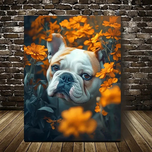 Cute Bulldog Amidst Vibrant Orange Flowers Painting 40x60cm Metal Print Ready to Hang - Bella Home Decor