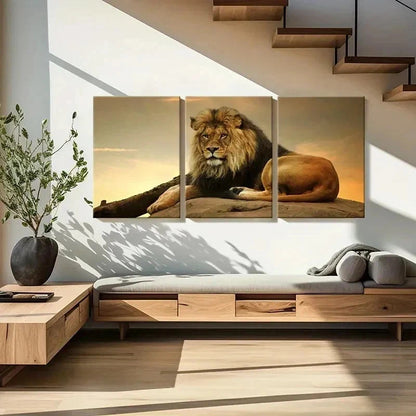 3pcs Majestic Lion Sitting on a Rock Wall Art Set Canvas Framed 50x70cm - High Quality Print 100% Australian Made Wall Canvas Ready to Hang