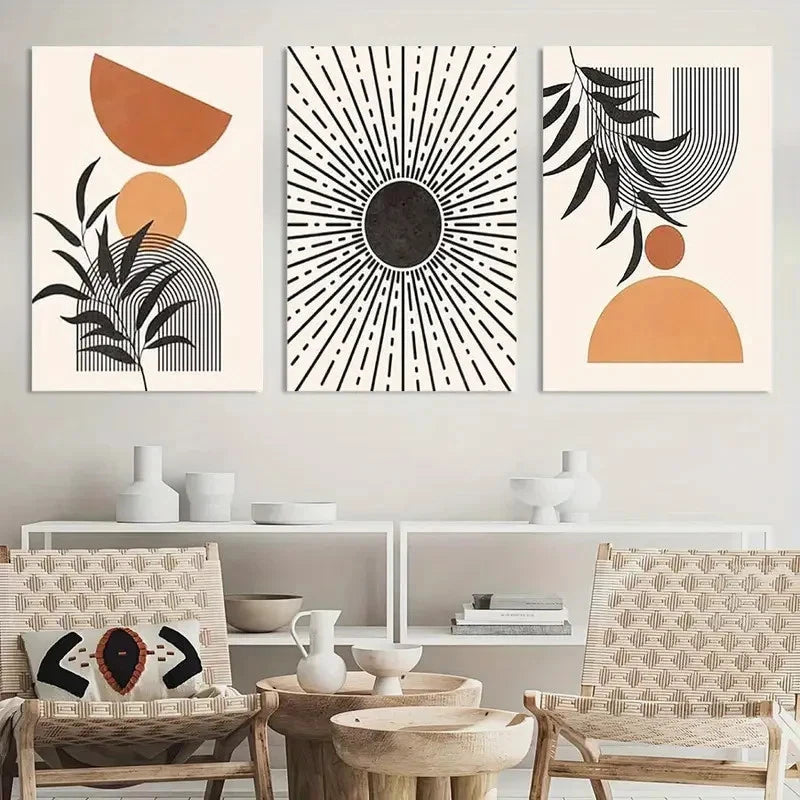 3pcs Geometric Lines Botanical Wall Art Painting Metal Print Ready to Hang Art - Bella Home Decor
