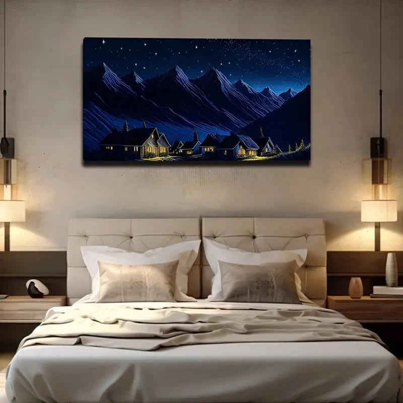 Tranquil Mountain Village Wall Art Canvas Office Home Room Framed 120x60cm