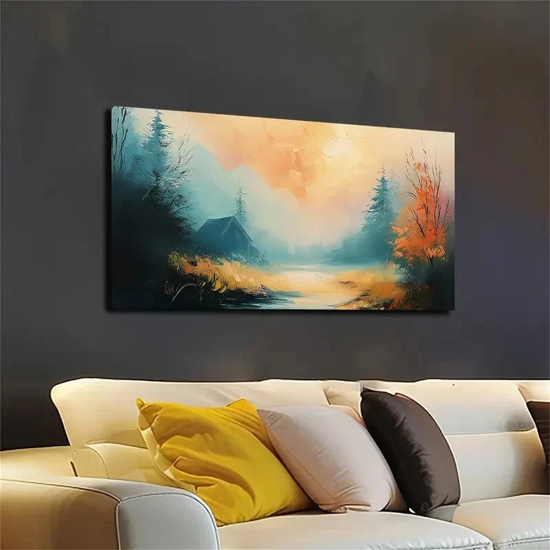 The Small House Trees Wall Art canvas office home room framed 120x60cm - Bella Home Decor