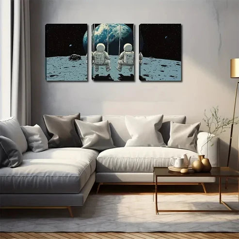 3pcs Astronauts on Moon with Earth View Wall Art Set Canvas Unframed - High Quality Print 100% Australian Made Wall Canvas - Bella Home Decor