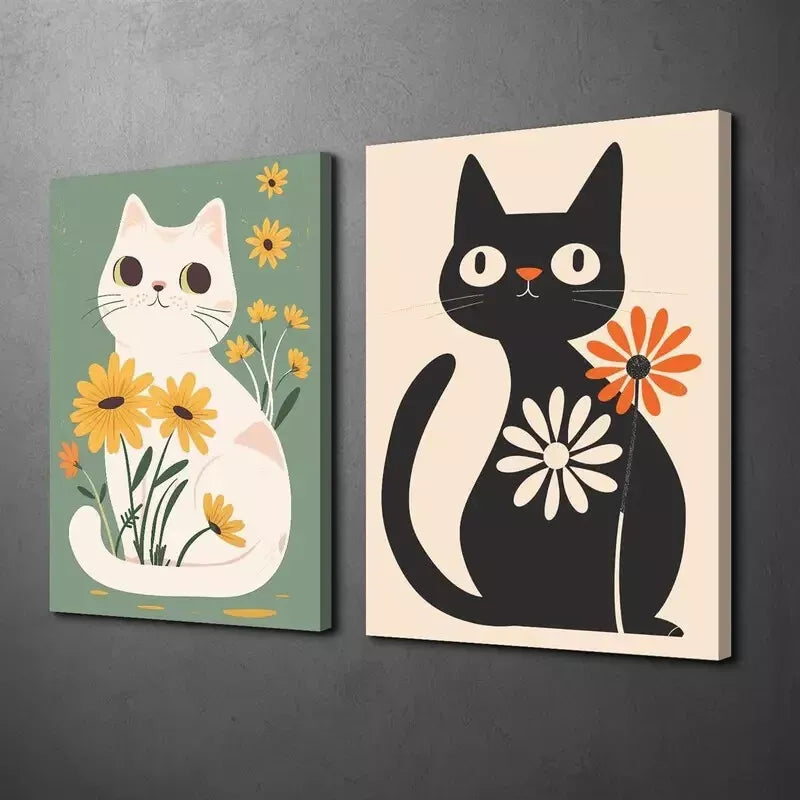 2pcs Colorful Garden Black Cat Cute White Cat, Yellow Daisy Boho Canvas Framed 50x75cm - High Quality Print 100% Australian Made Wall Canvas Ready to Hang - Bella Home Decor