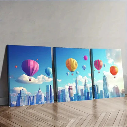 3pcs Skyscrapers and Hot Air Balloons Wall Art Canvas Unframed - High Quality Print 100% Australian Made Wall Canvas